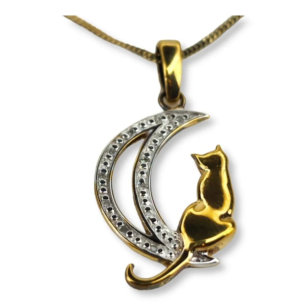 Vintage Cat Moon Necklace 925 Sterling Silver 17.75 In Gold Celestial Pendant